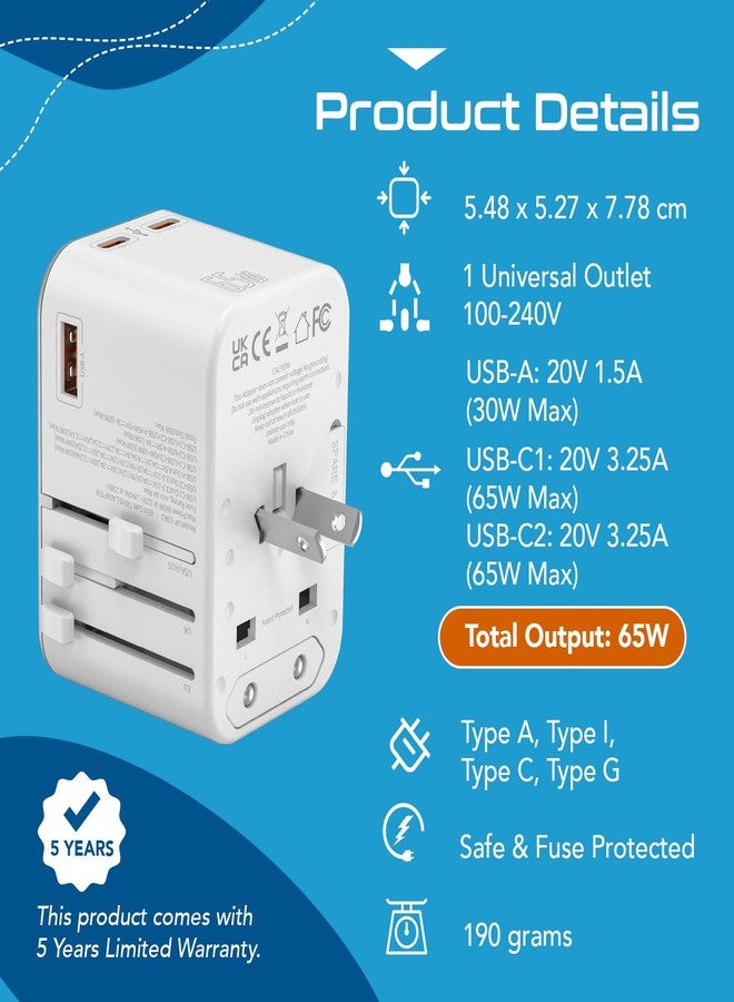 سبتكس محول سفر عالمي 4 في 1 من سيبتس، بقوة 65 واط، مزود بمنفذ USB-C - محول من الهند إلى العالم، منفذ USB واحد، منفذي USB-C (3.1 أمبير) للشحن السريع، ضمان 10 سنوات - أبيض - Image 3